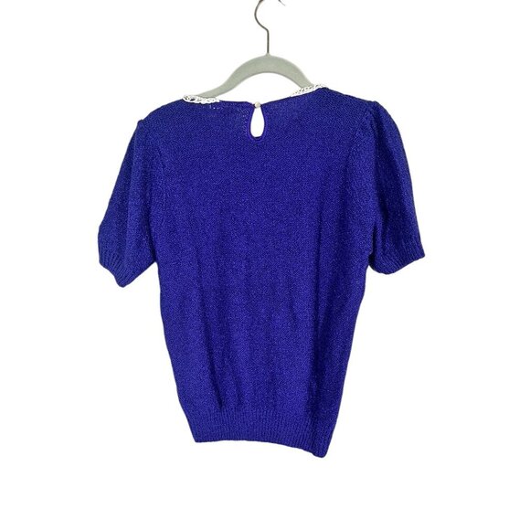 Retro Knit Sweater Chevron M Blue Floral Lace Chic Preppy Classic Neutral 80s - Picture 5 of 10